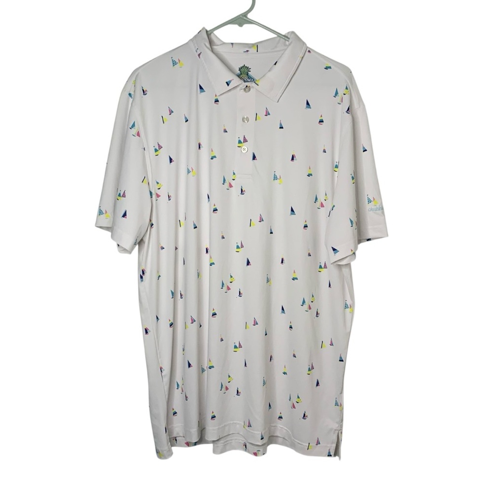 Chubbies Men’s XL White Polo Shirt with Colorful Sailboat Print Beach Nautical
